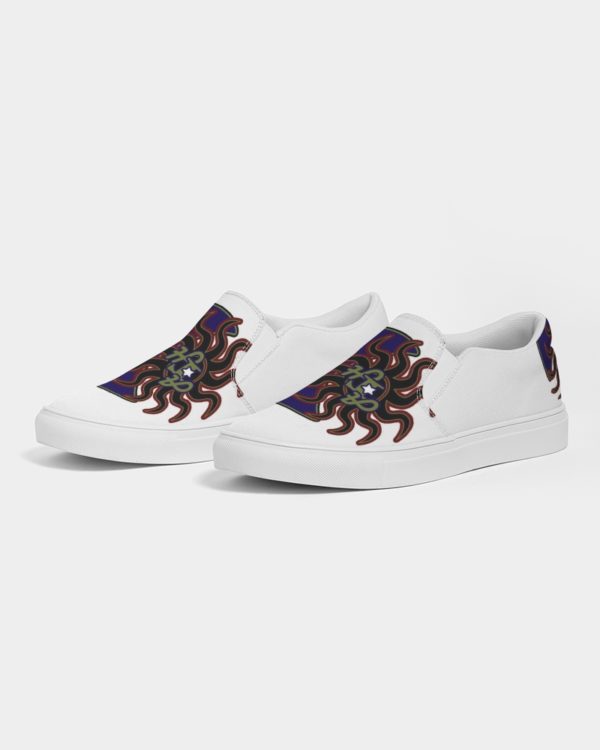 Unique slip-on shoes featuring a retro sun and moon illustration.