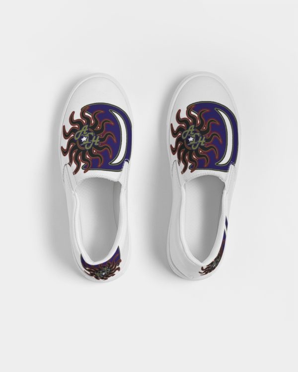 Stylish slip-on canvas shoes showcasing a sun and moon graphic.